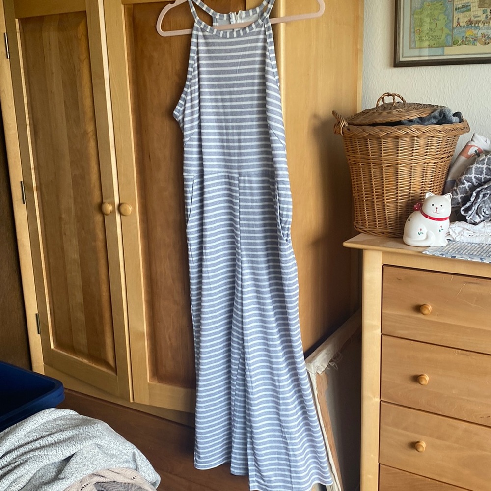Gray and white striped sleeveless jumpsuit!